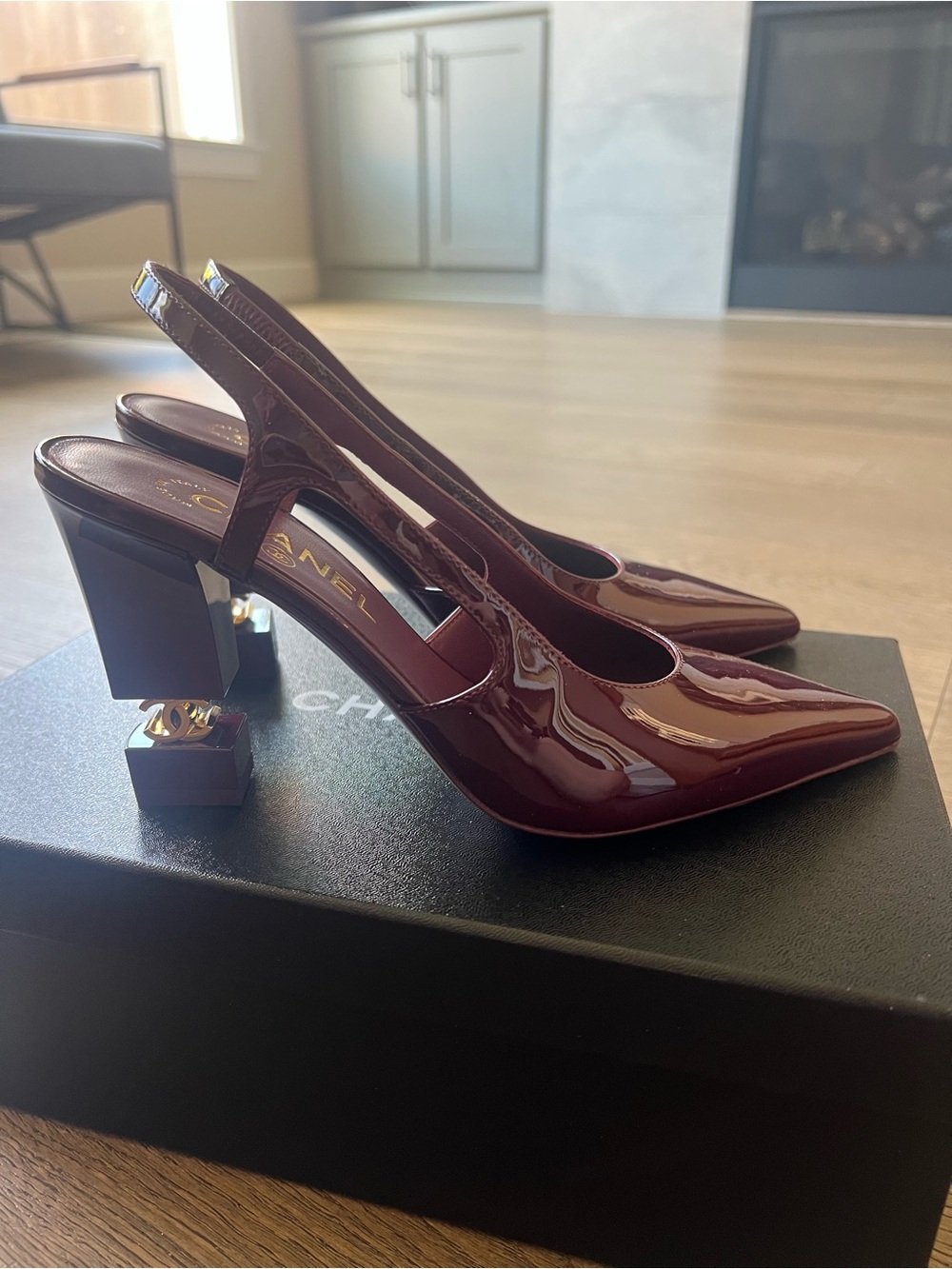 Chanel 26A burgundy patent slingbacks cc heel